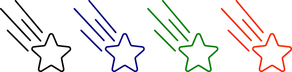 Set of shooting star icons in black blue green and orange color on checkerboard background © photo forest