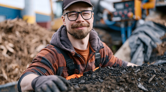 Biochar kiln operator monitors pyrolysis temperature controls at a biomass carbonization unit on a regenerative farm as wood waste feedstock loads continuously into the kiln chamber and freshly prod