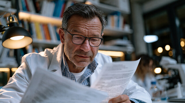Biogerontologist at university lab bench reviewing printed senolytic compound trial outcomes peer review documentation aging cell clearance rejuvenation research zombie cells elimination elderly mou