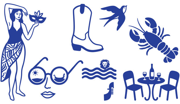 Diverse Collection of Monochrome Vector Graphics for Various Design Projects, Featuring Travel, Fashion, Animal, and Leisure Elements
