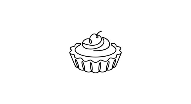Minimalist single line drawing of a sweet tart with cream and cherry on white background