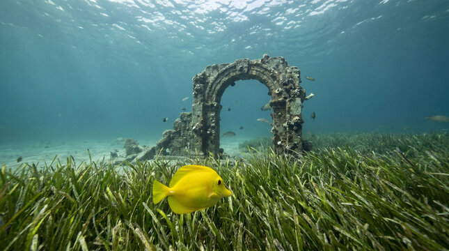 A vibrant yellow tang fish swims past a weathered stone archway submerged in a lush seagrass meadow