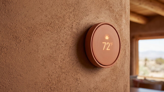 Modern matte ceramic smart thermostat mounted on a textured adobe wall showing seventy two degrees