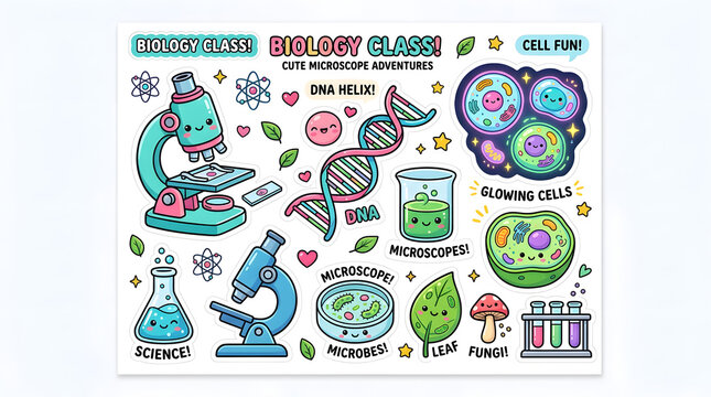 Kawaii Biology Class: A whimsical collection of cute, cartoon-style science illustrations depicting microscopes, DNA helix, glowing cells, and other biological elements.