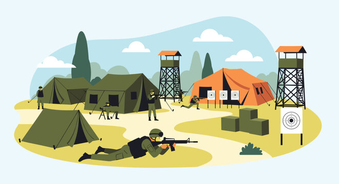 Military training camp featuring soldiers in uniform practicing shooting near tents and watchtowers under a blue sky.