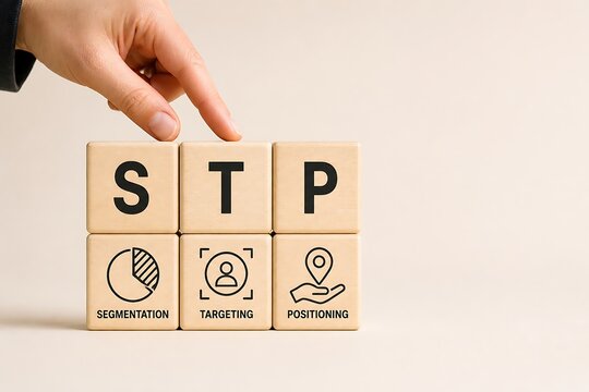 Wooden blocks with stp marketing strategy concepts of segmentation targeting positioning