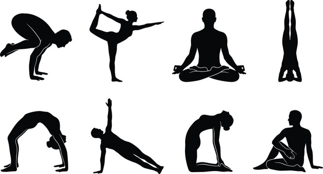 Yoga poses silhouette vector icon set featuring meditation crow pose headstand camel pose wheel pose and plank in image_fd7bf4.png