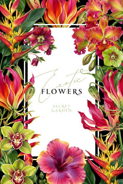 Vintage vector illustration with colorful exotic flowers on a changeable background. Floral design template for wedding invitation, greeting card, notebook cover, flyer or banner.	