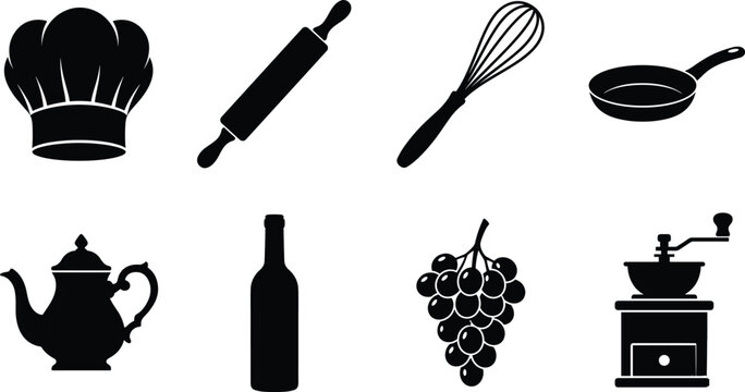 Kitchen utensils and cooking tool silhouette set featuring chef hat, baking equipment, teapot, and wine items