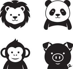Fototapeta premium Cute animal icons set featuring lion, panda, monkey, and pig face silhouettes for modern design projects