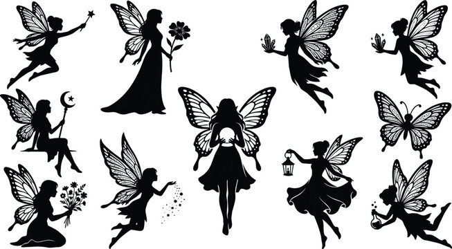 Magical fairy silhouettes vector set featuring mythical pixies with wings holding magic wand crystal ball and lantern