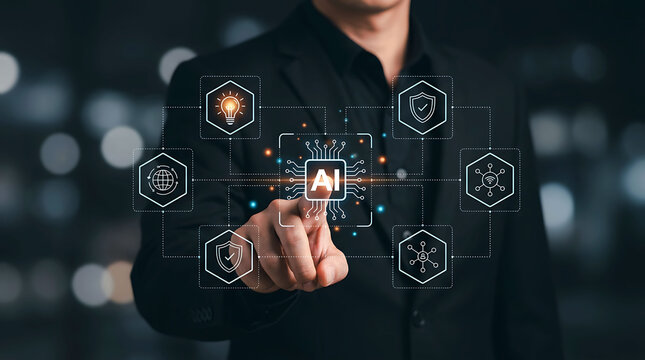 Businessman touching AI chip interface for smart global digital network