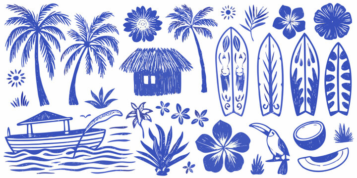 tropical scene detailed illustration with palm trees surfboards boat flowers and hut sketch style color blue white background summer vacation travel