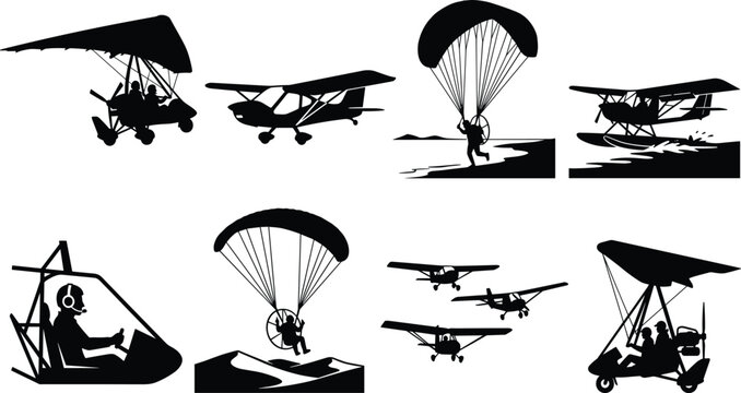 Ultralight aviation and paramotor silhouette vector icon set featuring light aircraft hang glider seaplane and pilot in image_fc1e7a.png