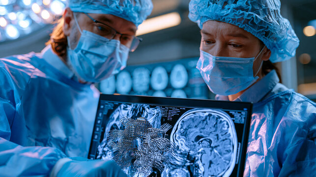 Neurosurgeon and biomedical engineer examining a neural implant device designed for Parkinson tremor control during a pre-operative briefing, sterile surgical theater environment, titanium electrode