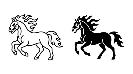 Stylized Horses: Two graphic representations of a horse, one outlined in black and white, the other a solid black silhouette, depict a powerful and dynamic equine form with flowing manes and tails. © Alomgir