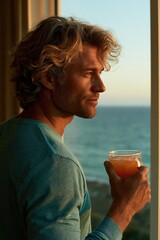 Fototapeta premium Side profile man with a glass of juice looking out to the ocean at sunset for seaside lifestyle background and contemplative banner