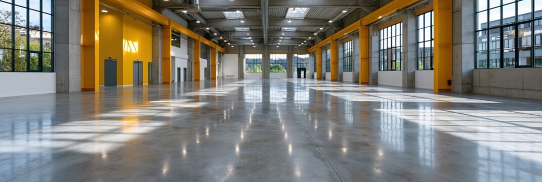Spacious modern warehouse interior with yellow support columns polished concrete floor and skylights for showroom background and industrial banner design