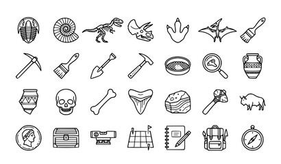 Archaeology and Paleontology Line Art Icon Collection with Dinosaur Skeletons, Excavation Equipment, Fossils, and Ancient Artifacts for Science Education Apps and History Websites © Taysina