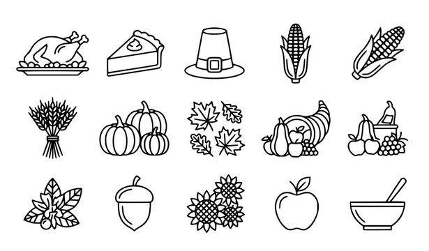 Thanksgiving Day and Autumn Harvest Line Art Icon Set with Roast Turkey, Pumpkin, Corn, Pilgrim Hat, and Leaves for Holiday Web Graphics and Event Invitations