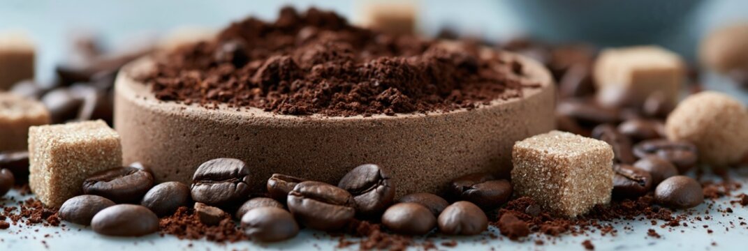 Closeup pile of ground coffee with roasted beans and brown sugar cubes on white surface for background and food banner design