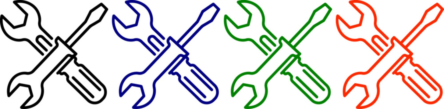 Tools icons set wrench and screwdriver in black blue green and red colors on transparent background