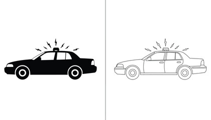 Police Car Icon with Flashing Light in Solid Black Fill and Outline Versions on a White Background © Muskan