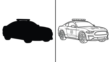 Police Car Silhouette and Line Art with Emergency Light Bar and Round Side Badge on a White Background © Muskan