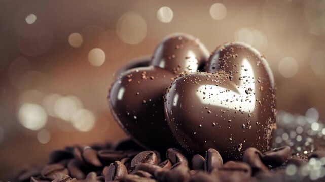 Chocolate heart shaped candies on roasted coffee beans with golden bokeh, sweet Valentines Day gift, gourmet dessert romance.