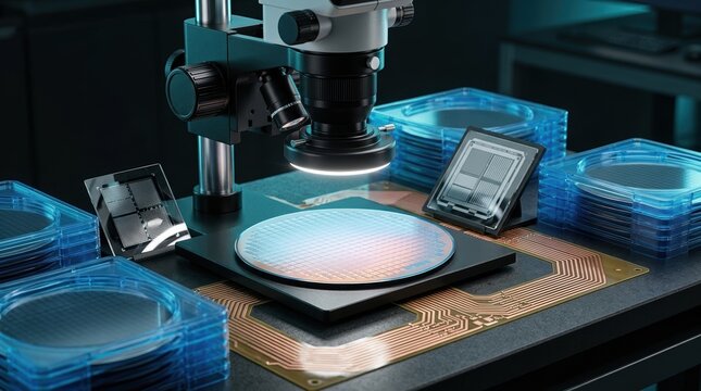 A glowing semiconductor wafer sits under a precision inspection microscope, surrounded by copper circuit traces, photolithography masks, and blue wafer trays, representing a roadmap for chip
