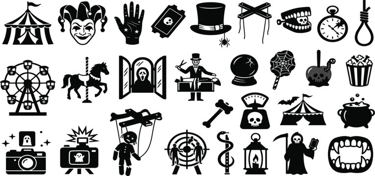 Spooky Halloween Horror Carnival Icon Set with Creepy Circus Tent Evil Jester Puppet Magician and Haunted Amusements Symbols for Party Graphic Vector Designs