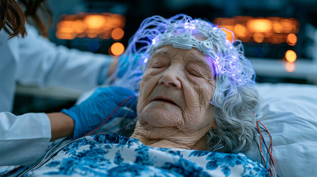 Sleep technician attaching scalp electrodes to elderly female patient for overnight polysomnography study sleep quality aging brain health clinical documentation sleep disorder research hospital sle