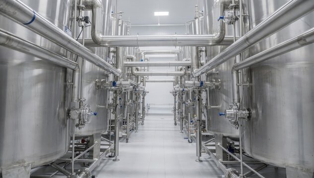 Medium shot focusing on seamless dedicated piping and tanks designed for ultraclean pharmaceutical ethanol production highlighting gleaming surfaces and strict hygiene measures.