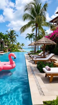 Tropical poolside paradise with pink flamingo floaties surrounded by lush palm trees and vibrant flowers under sunny sky