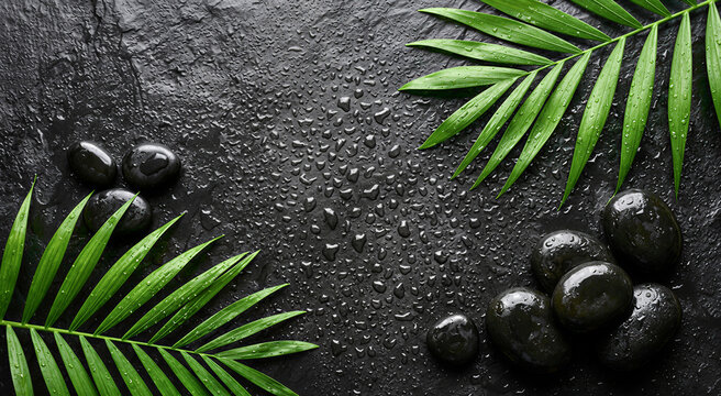 Spa background with black stones and green palm leaves