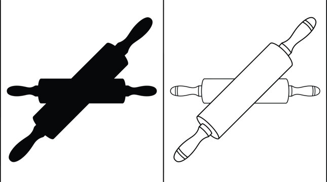 Rolling Pin Kitchen Utensil in Black Silhouette and Outline Icon Styles for Baking Design