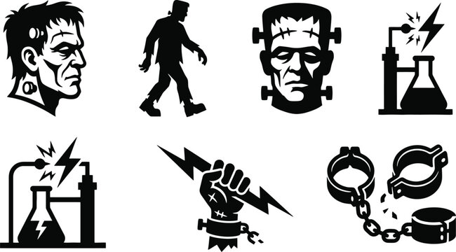Frankenstein Monster And Laboratory Equipment Silhouettes On White Background