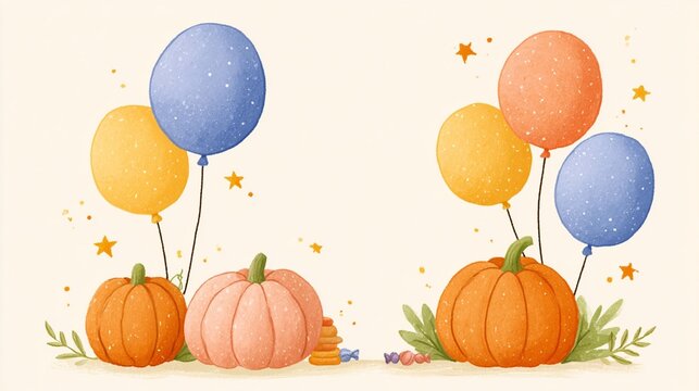 Soft textured watercolor illustration of whimsical pumpkins and festive balloons framing a blank space, a cheerful autumn scene for a seasonal party invitation or greeting card.