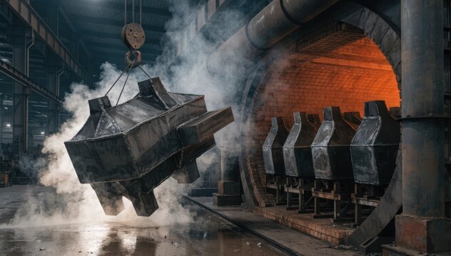 Medium shot capturing the staged loading of welded plate structures into an industrial furnace for controlled thermal stress relieving procedure.