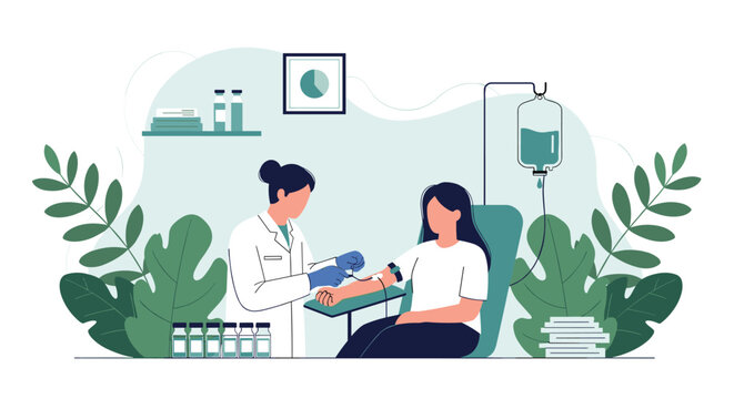 Dedicated female medical professional in a white coat skillfully taking a blood sample from a seated female patient's arm, with an IV drip, test tubes, and plants in the background.
