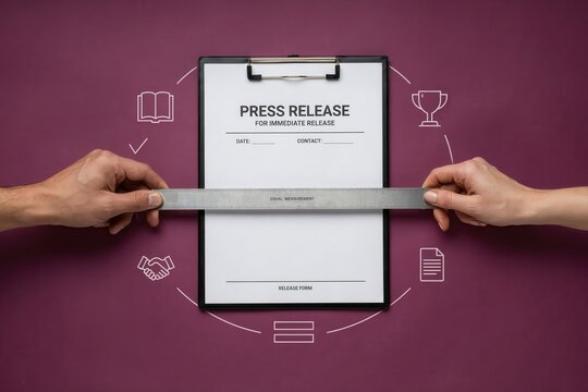 Two hands pulling a clipboard with a press release on a purple background with icons