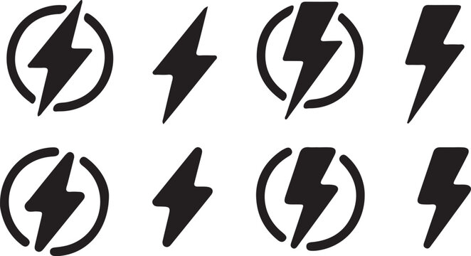 Set of black lightning bolt in circles and standalone shapes