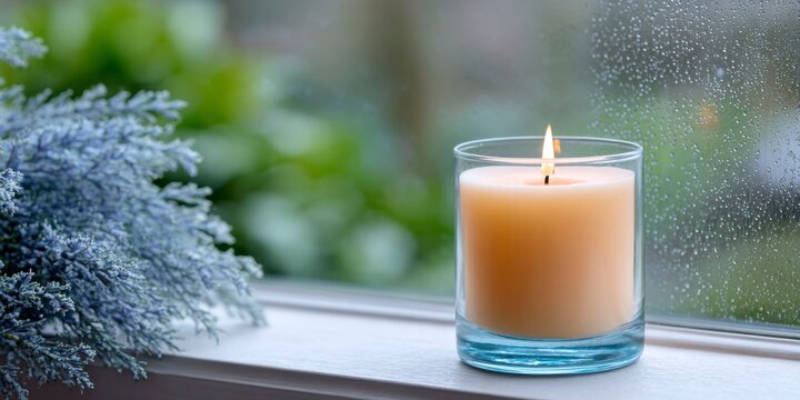 a candle is lit on the windowsill, its warm glow contrasting with raindrops visible outside through a fogged window.