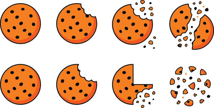 Set of chocolate chip cookies in different states of consumption and broken pieces