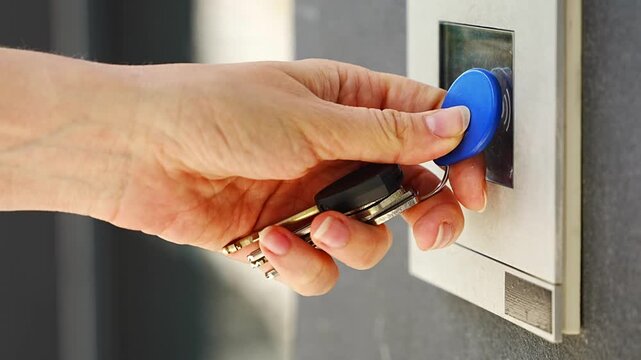 Person using contactless key fob on residential building access control system. Secure entry technology supports convenient and controlled property access