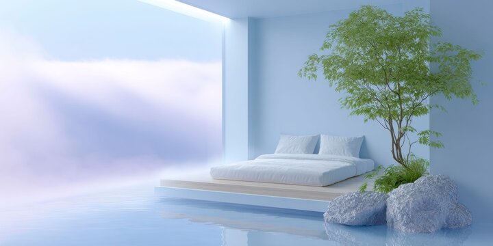 modern bedroom interior, window wall, soft blue lighting, mist in the air, water on the ground, fog over a river, water flowing around the bed, a tree in the corner of the room, and a water feature.