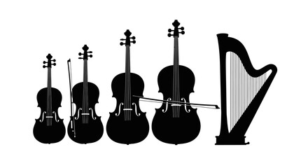 Silhouettes of violins and a harp on white background © Priyanka