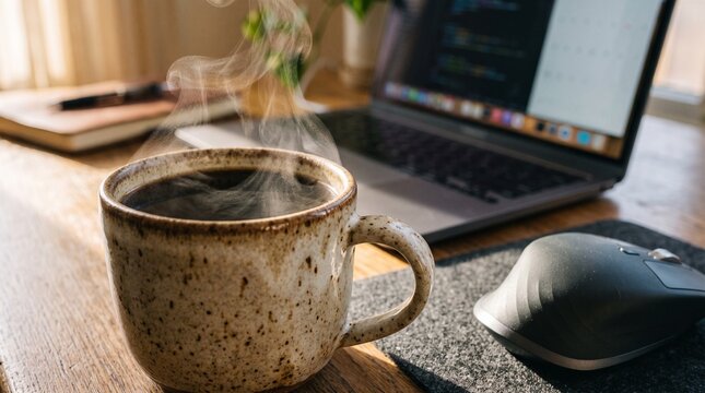 A steaming mug of hot black coffee on a rustic wooden desk next to a laptop computer and wireless mouse, representing a focused morning work or study session in a cozy office environment.