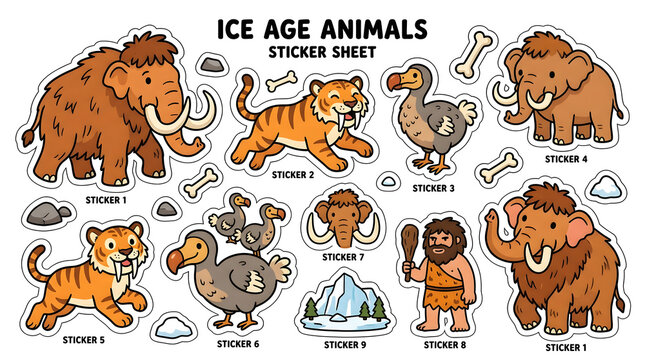 Ice Age Animals Sticker Sheet: A playful collection of cartoon illustrations featuring prehistoric mammals like mammoths and saber-toothed tigers, alongside dodos and a caveman.