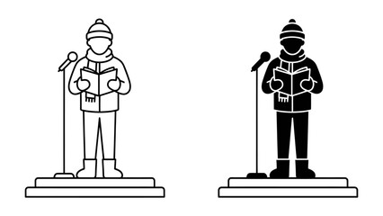 Holiday Caroler with Music Sheet: A festive figure stands on a stage, holding a music sheet and singing into a microphone, embodying the spirit of holiday caroling. © Alomgir